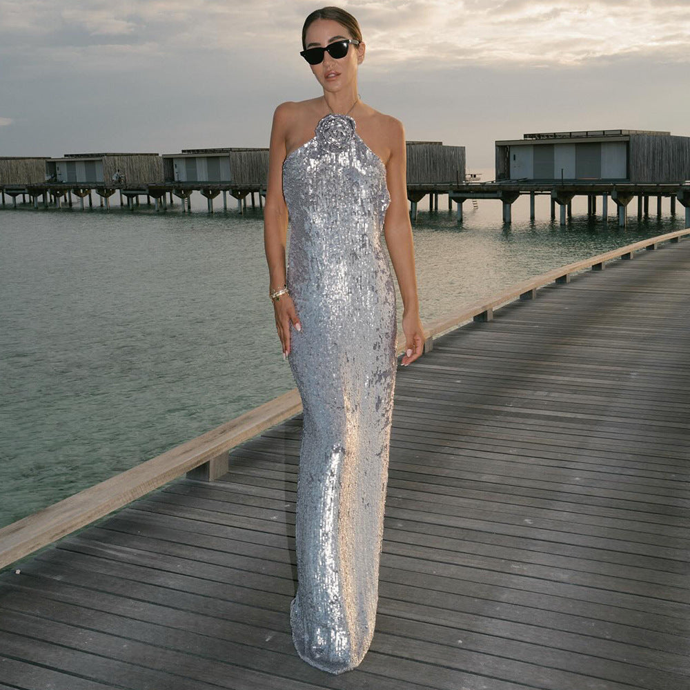 Celeb High End Sequin Backless Maxi Dress