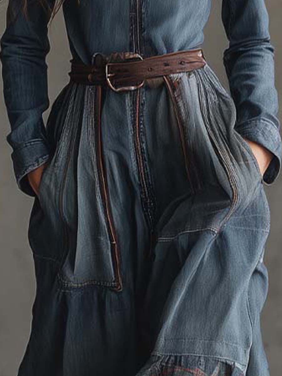 Denim Patchwork Maxi Dress With Plaid Hem