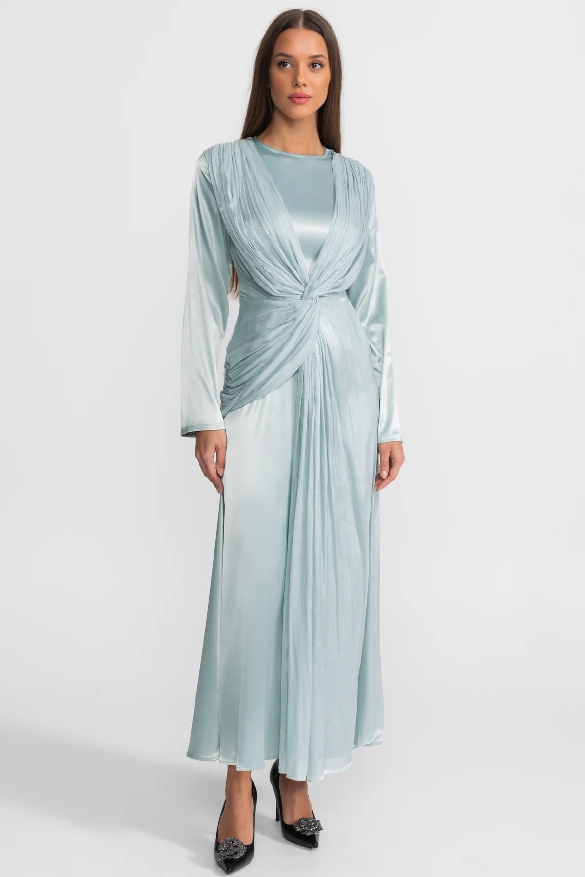 Satin Long Sleeve Twist Front Draped Overlay Maxi Dress