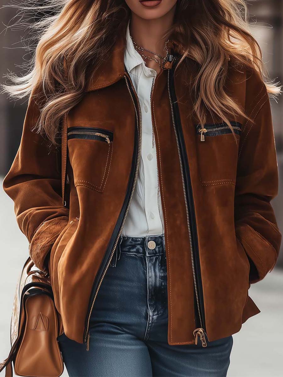 Caramel Microfiber Suede Zip-Up Jacket