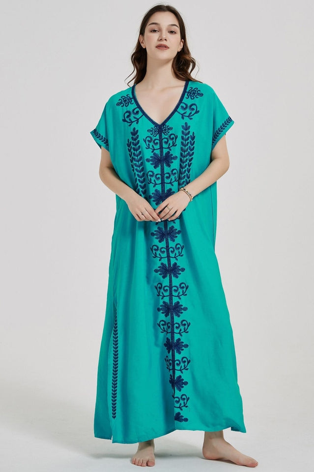 Embroidered V-Neck Short Sleeve Kaftan Maxi Dress