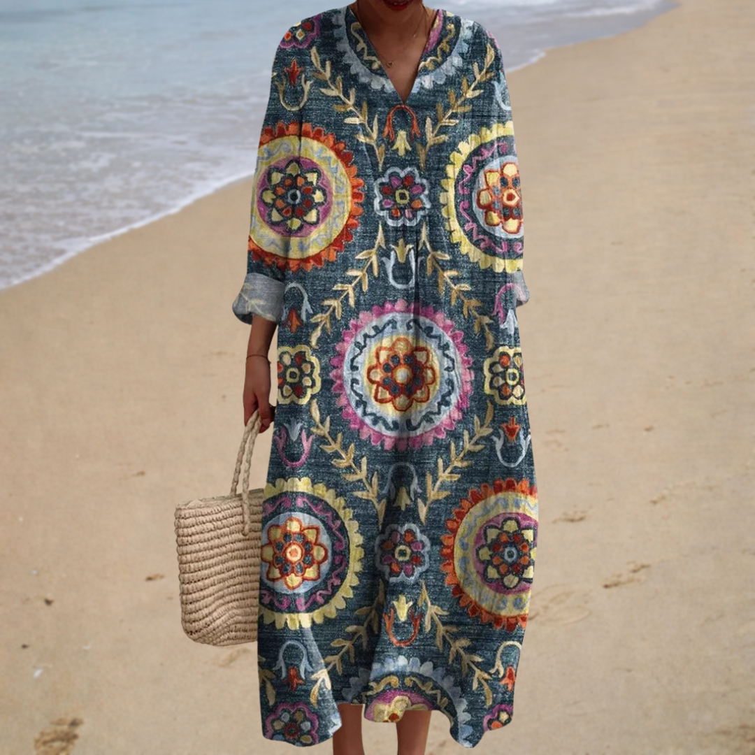 Medallion Floral Print V-Neck Long Sleeve Maxi Dress