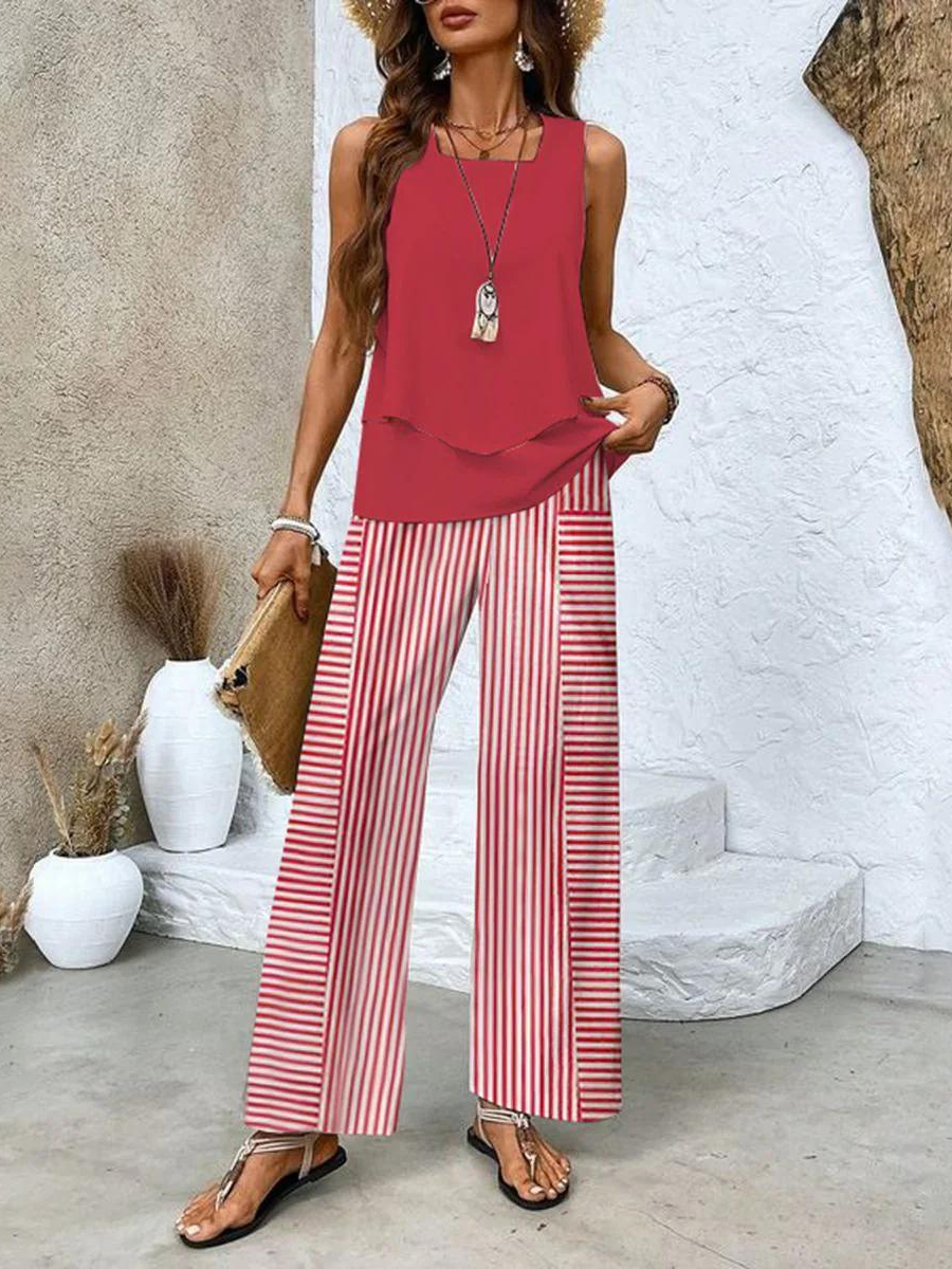 Sleeveless Square Neck Top and Leaf Print Wide Leg Pants Two Piece Set