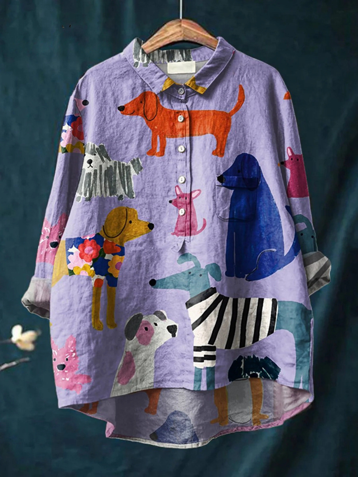Dog Print Long Sleeve Collared Button Front Shirt