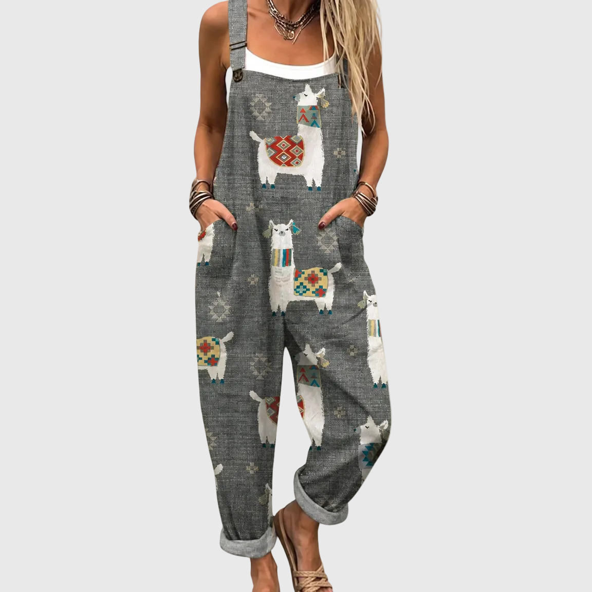 Llama Print Pocket Wide Leg Overall Jumpsuit