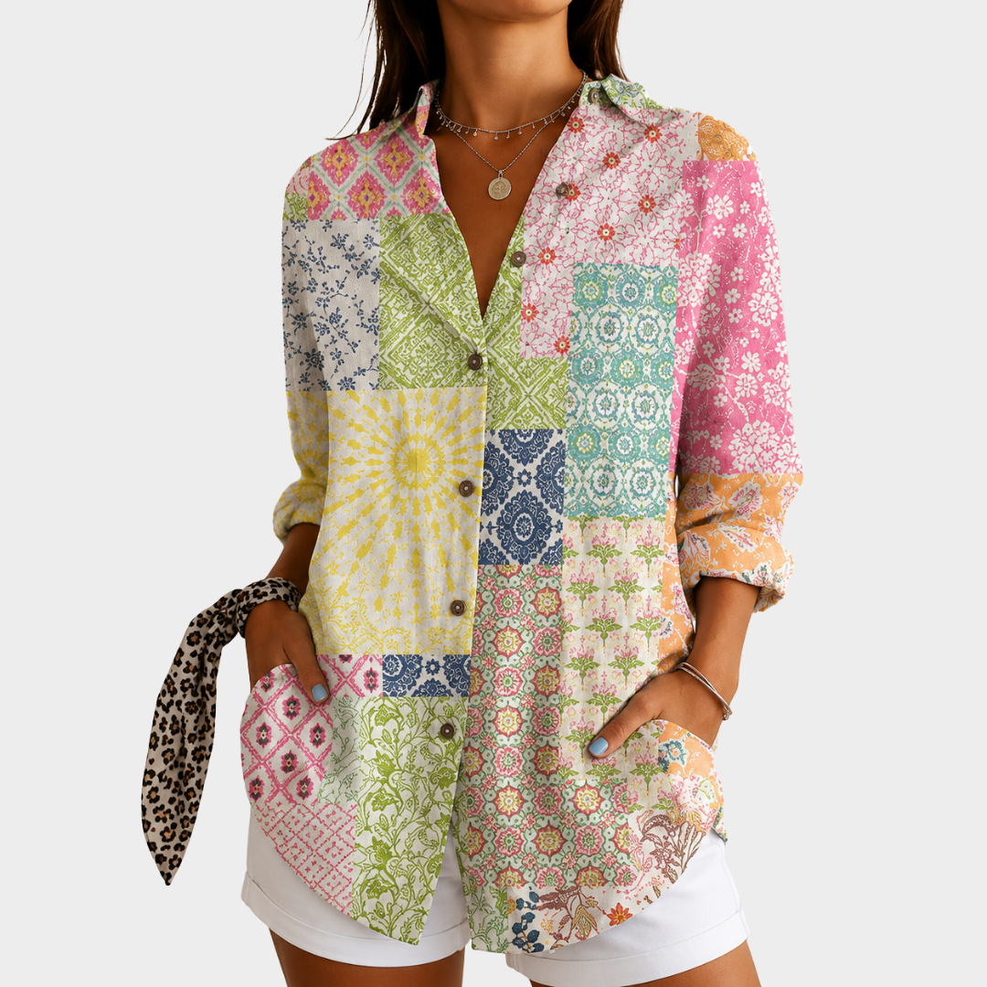 Patchwork Print Long Sleeve Button Up Shirt