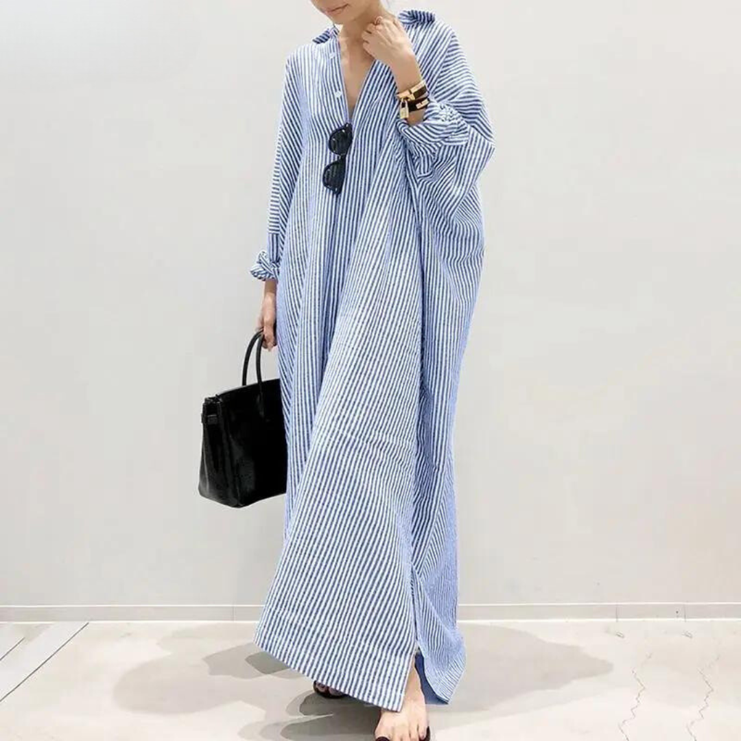 Vertical Stripe V-Neck Collar Button Down High Split Shirt Maxi Dress
