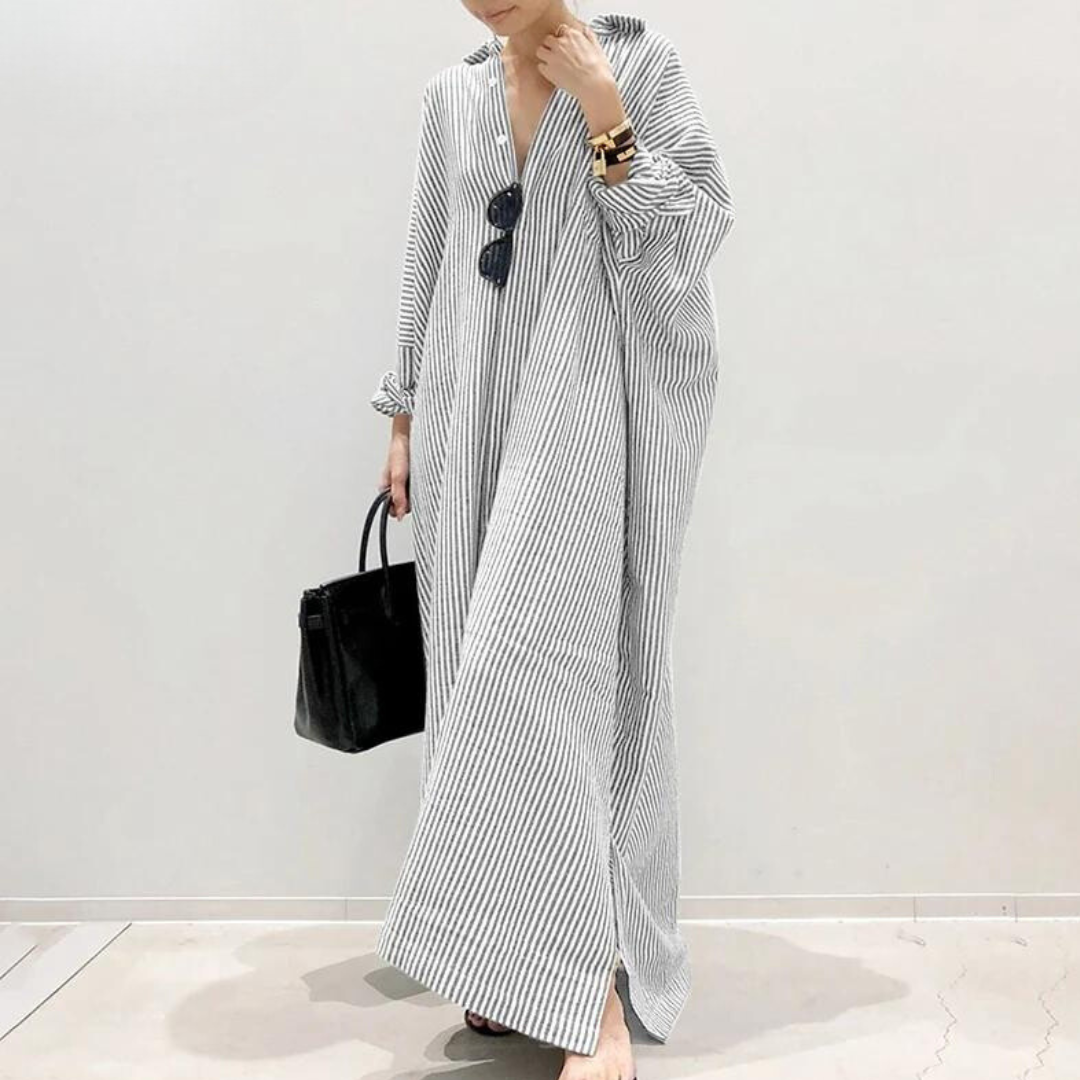 Vertical Stripe V-Neck Collar Button Down High Split Shirt Maxi Dress