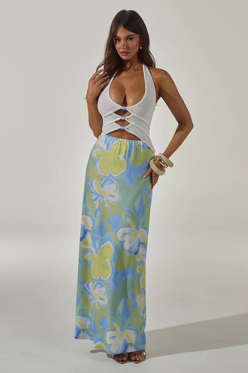 Knit Halter Cut Out Bodice Floral Print Skirt Maxi Dress