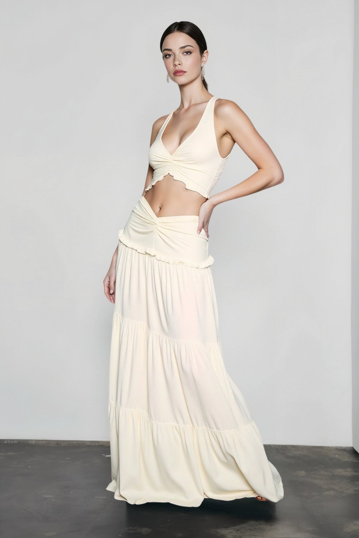 V-Neck Twist Front Crop Top and Tiered Ruffle Maxi Skirt Two Piece Set