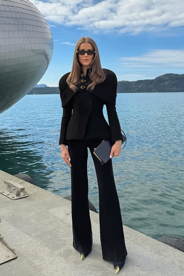 Cape Overlay Shoulder Fitted Waist Long Sleeve Blazer