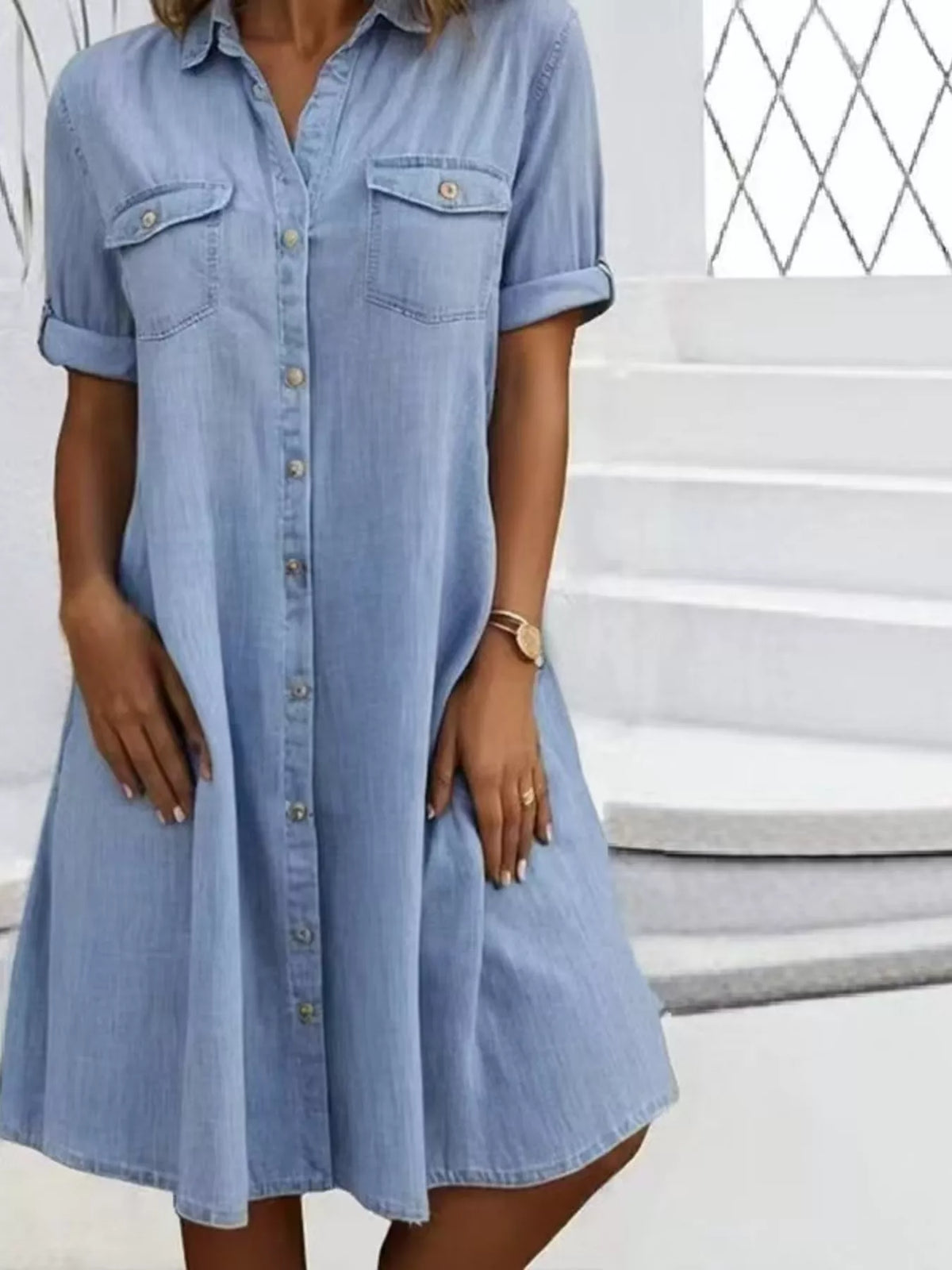 Full Size Button-Front Short Sleeve Denim Dress Plus Size