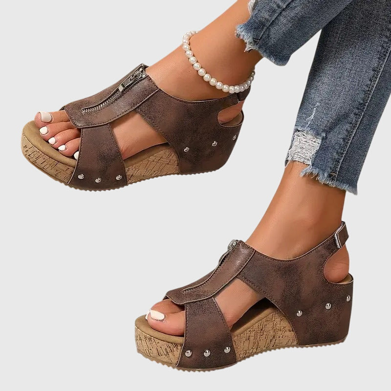 Closed Toe Zip Front Ankle Strap Wedge Sandals