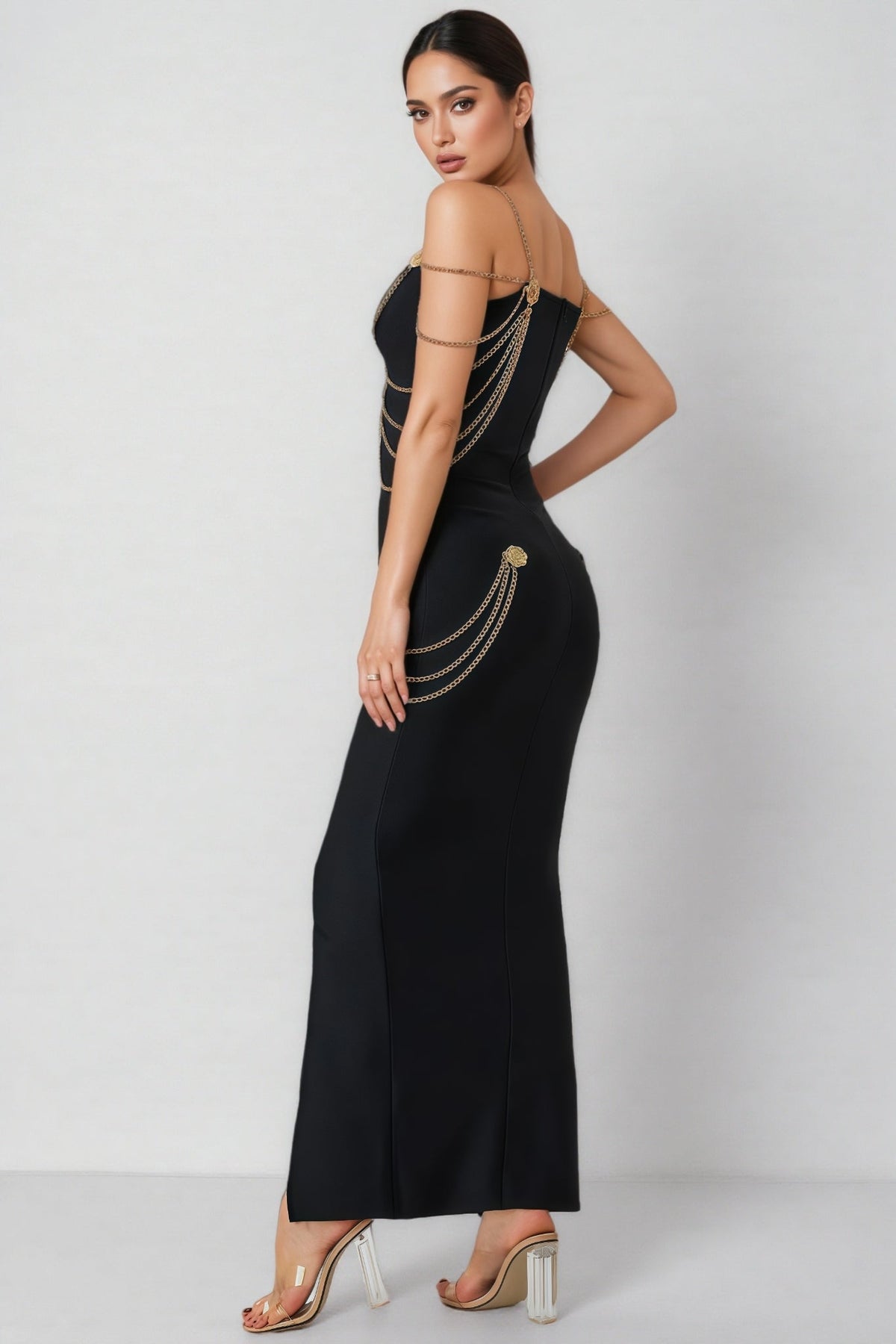 Chain Strap Deep V-Neck Cold Shoulder Drape High Split Maxi Dress - View 5