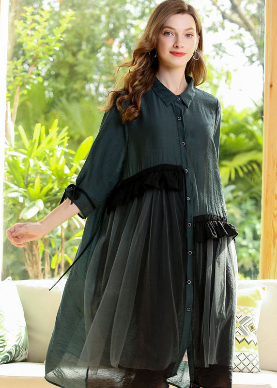 Collared Button Down Ruffle Mesh Layer Three Quarter Sleeve Shirt Dress