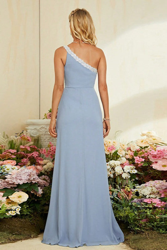 One Shoulder Ruched Lace Trim High Split Maxi Gown
