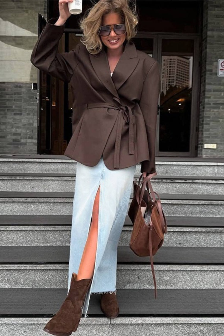 Long Sleeve Belted Waist Relaxed Blazer