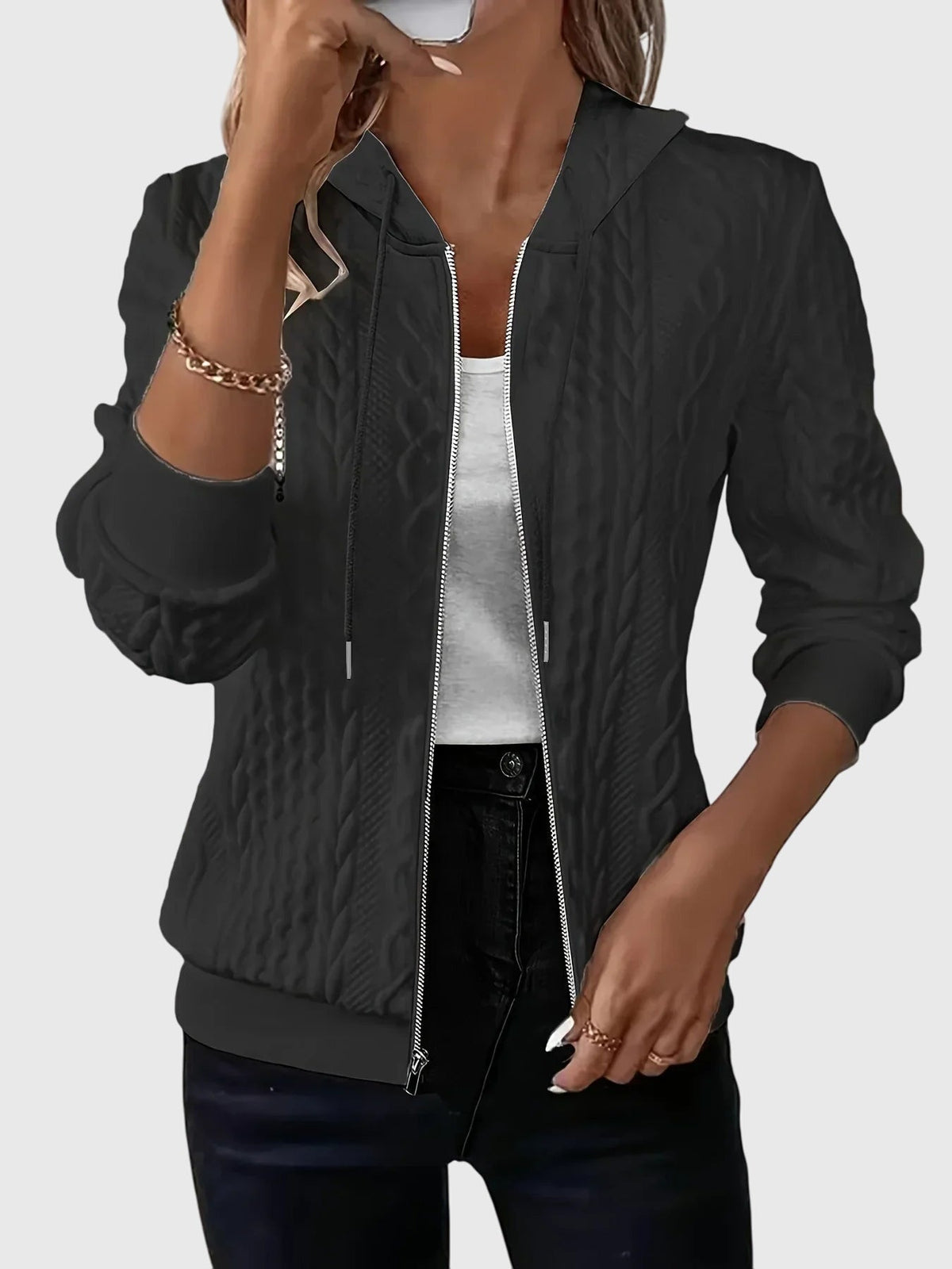 Cable Textured Zip Front Drawstring Hooded Jacket