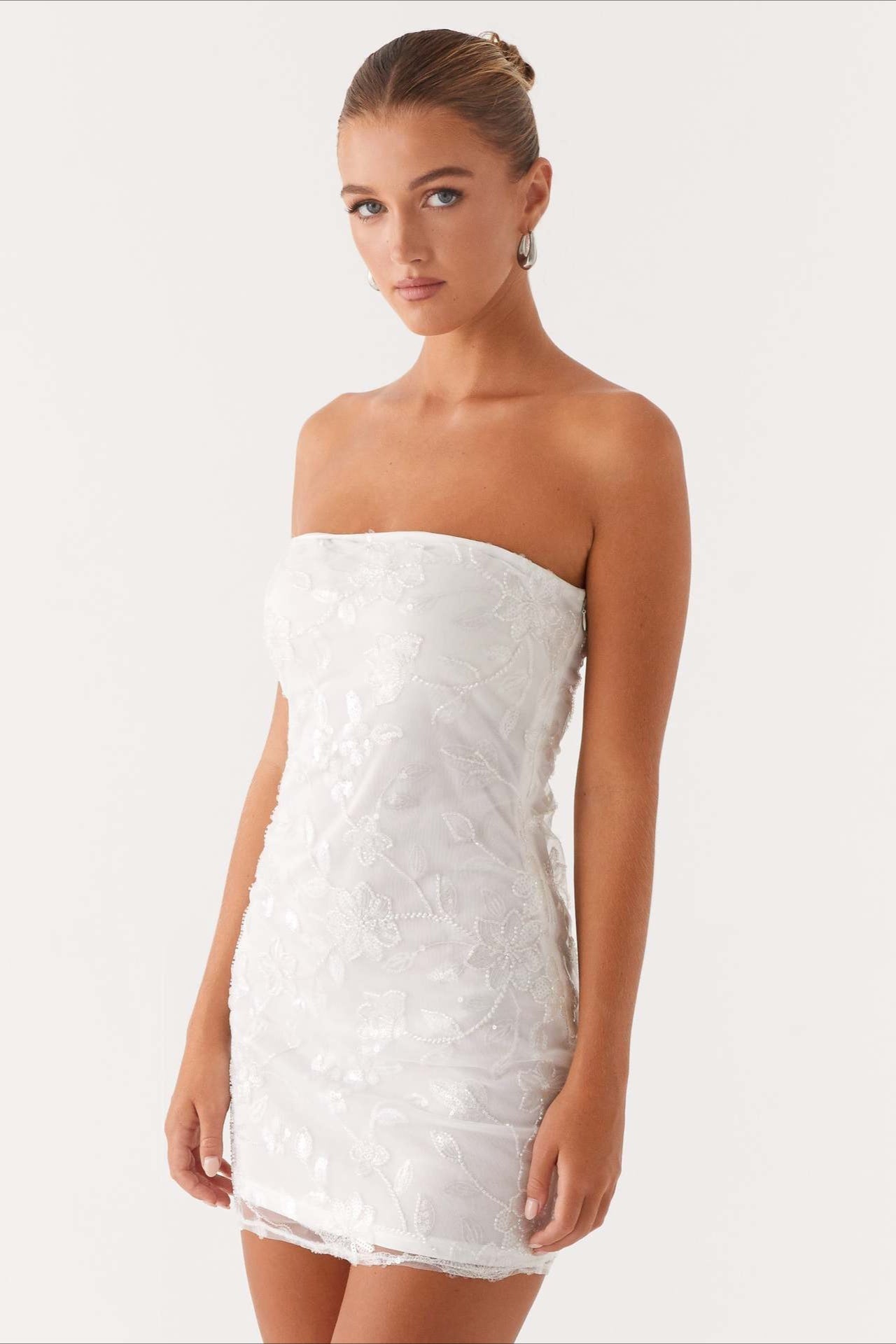 Floral Sequin Strapless Ruched Bodycon Mini Dress