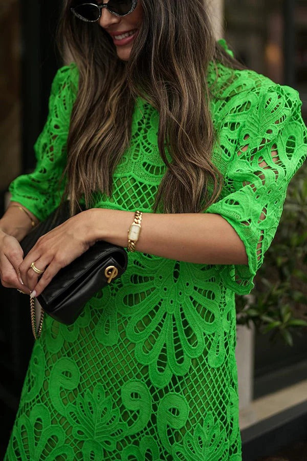 Crochet Lace High Neck Short Sleeve Shift Mini Dress