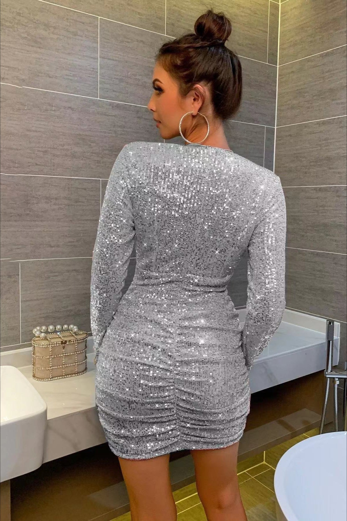 Long Sleeve VNeck Ruched Sequin Sequin Dress