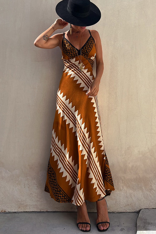 Always Falling Satin Ethnic Print Smocked Back Midi Dress - View 3