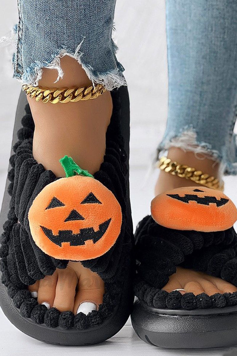 Halloween-Themed Cross Strap Fuzzy Slippers Featuring Pumpkin Patterns