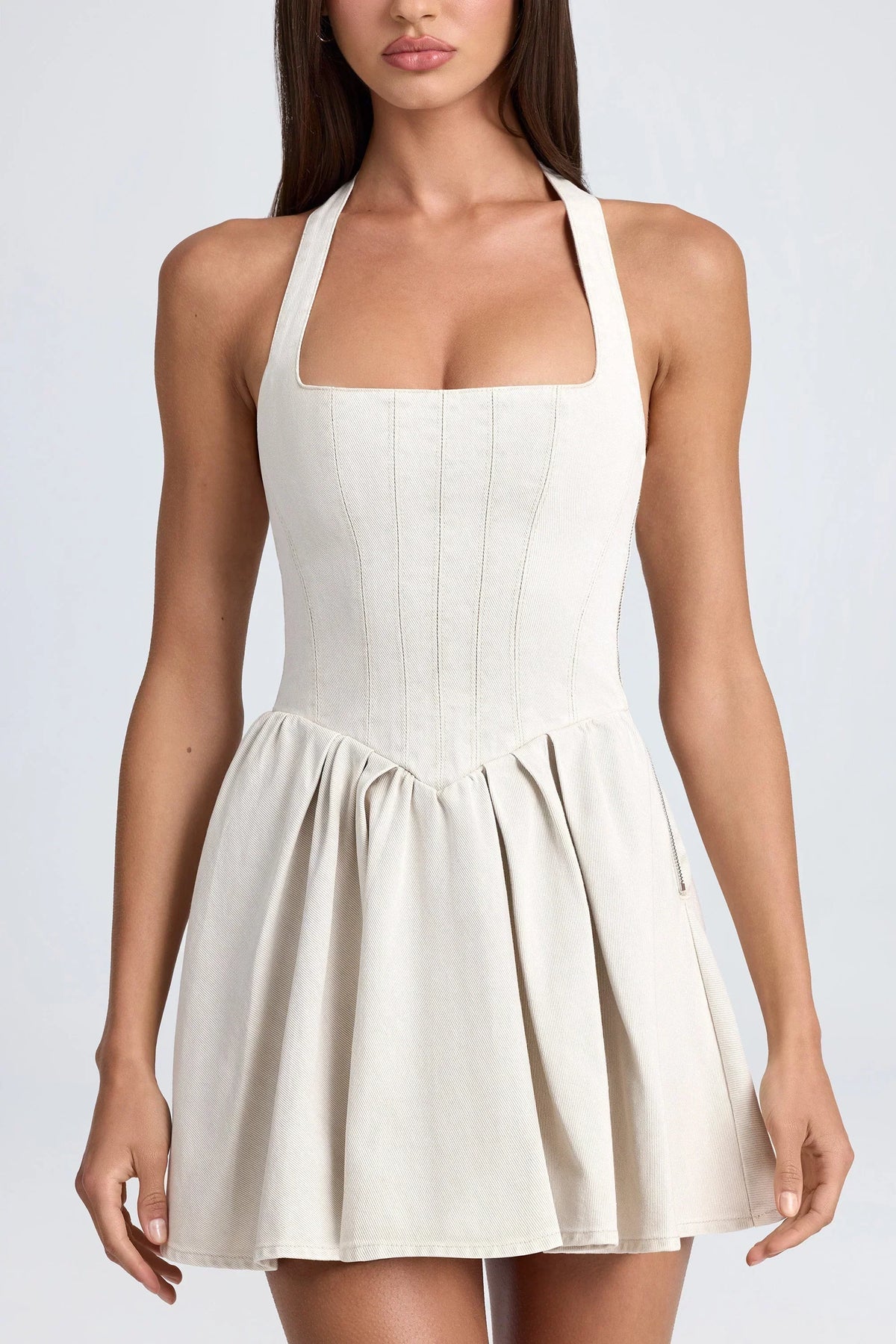 Halter Square Neck Corset Bodice Pleated Skater Mini Dress 4