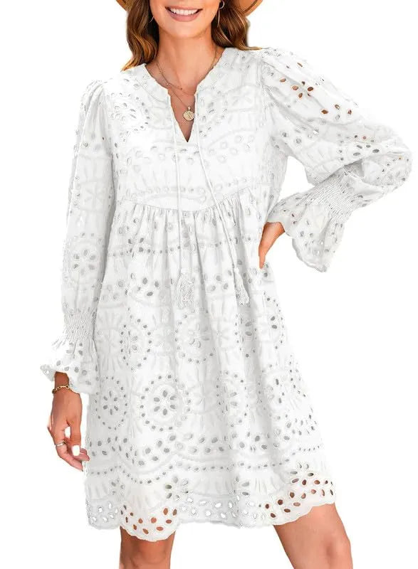 Kirelle - Breathable V-Neck Skirt Dress White