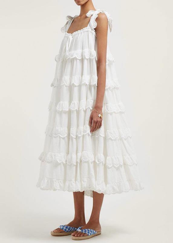 Spaghetti Strap Tiered Ruffle Scallop Embroidered Low Back Maxi Dress