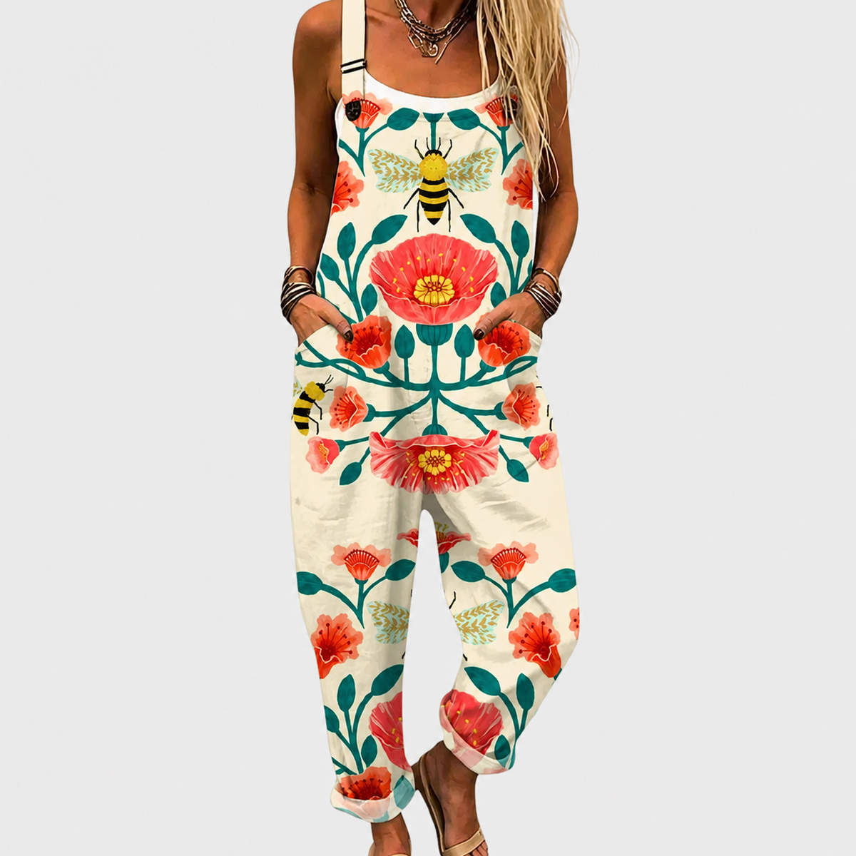 Folk Floral Poppy Bee Print Sleeveless Overall Jumpsuit