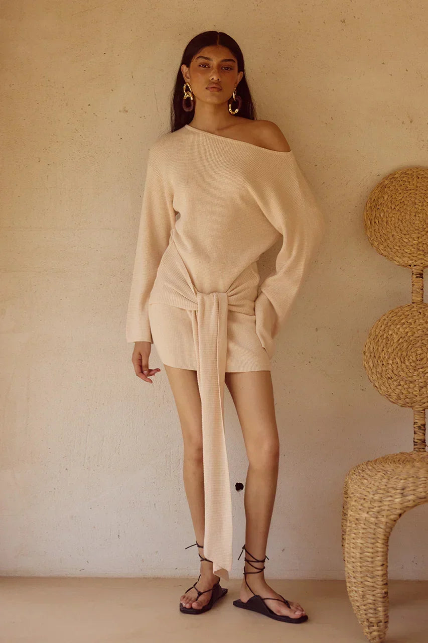 Waffle Knit Off Shoulder Long Sleeve Tie Front Sweater Mini Dress 4