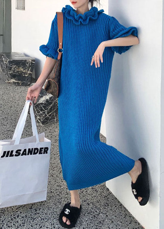 Rib Knit Ruffle Mock Neck Puff Sleeve Oversized Shift Maxi Dress
