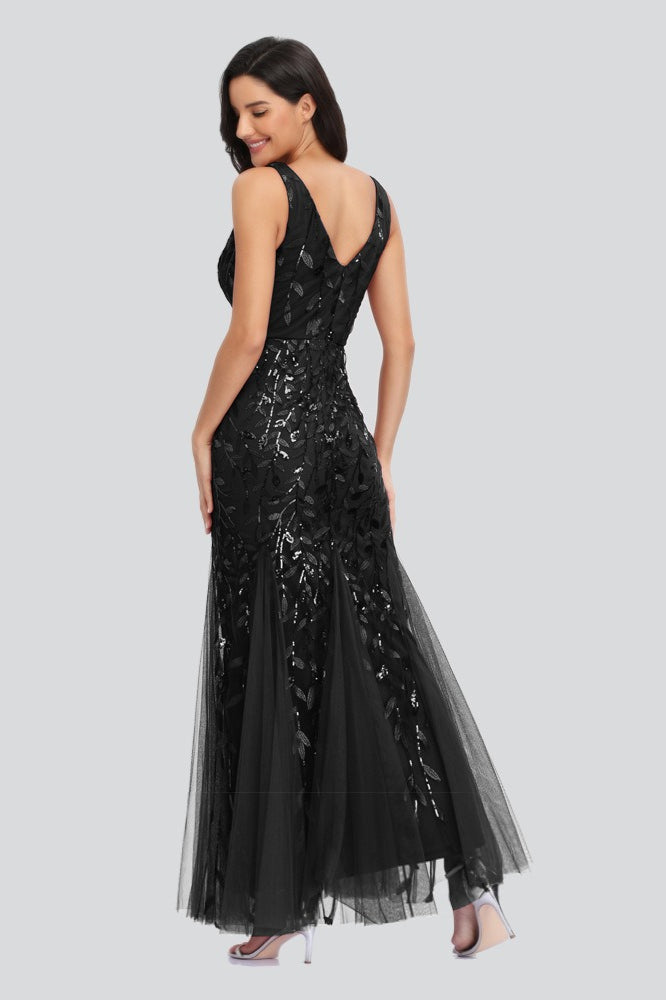 Sequin V-Neck Embroidered Mermaid Maxi Prom Dress