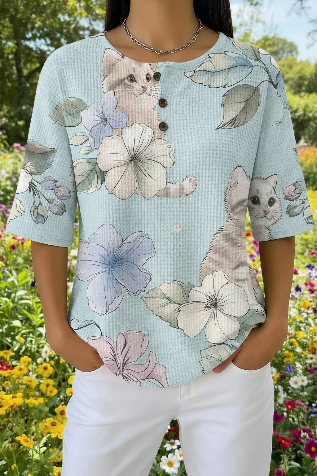 Womens Light Blue Floral Cat Print Casual Henley Shirt