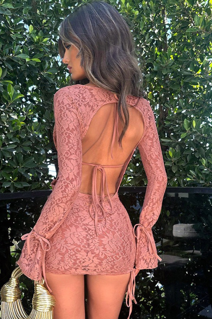 Lace Bralette and Cowl Neck Flare Sleeve Ruched Mini Dress Two Piece Set 2