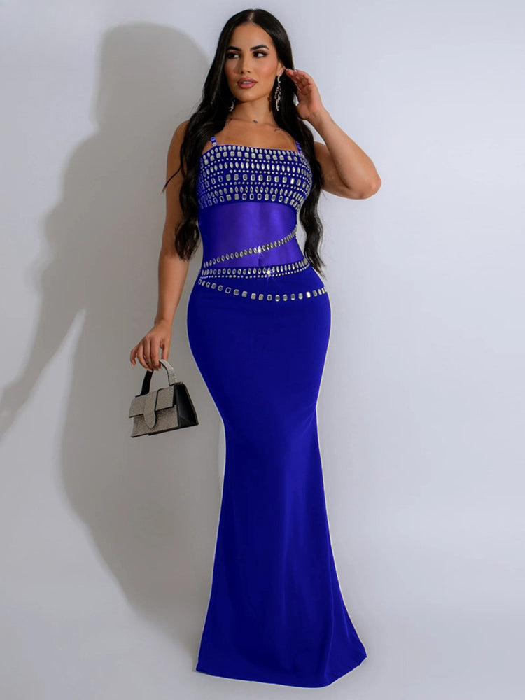 Rhinestone Embellished Sheer Mesh Panel Spaghetti Strap Mermaid Maxi Dress 3