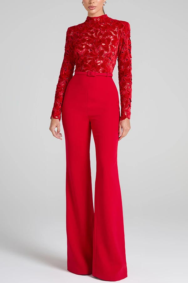 Floral Lace Long Sleeve High Neck Belted Flare Jumpsuit