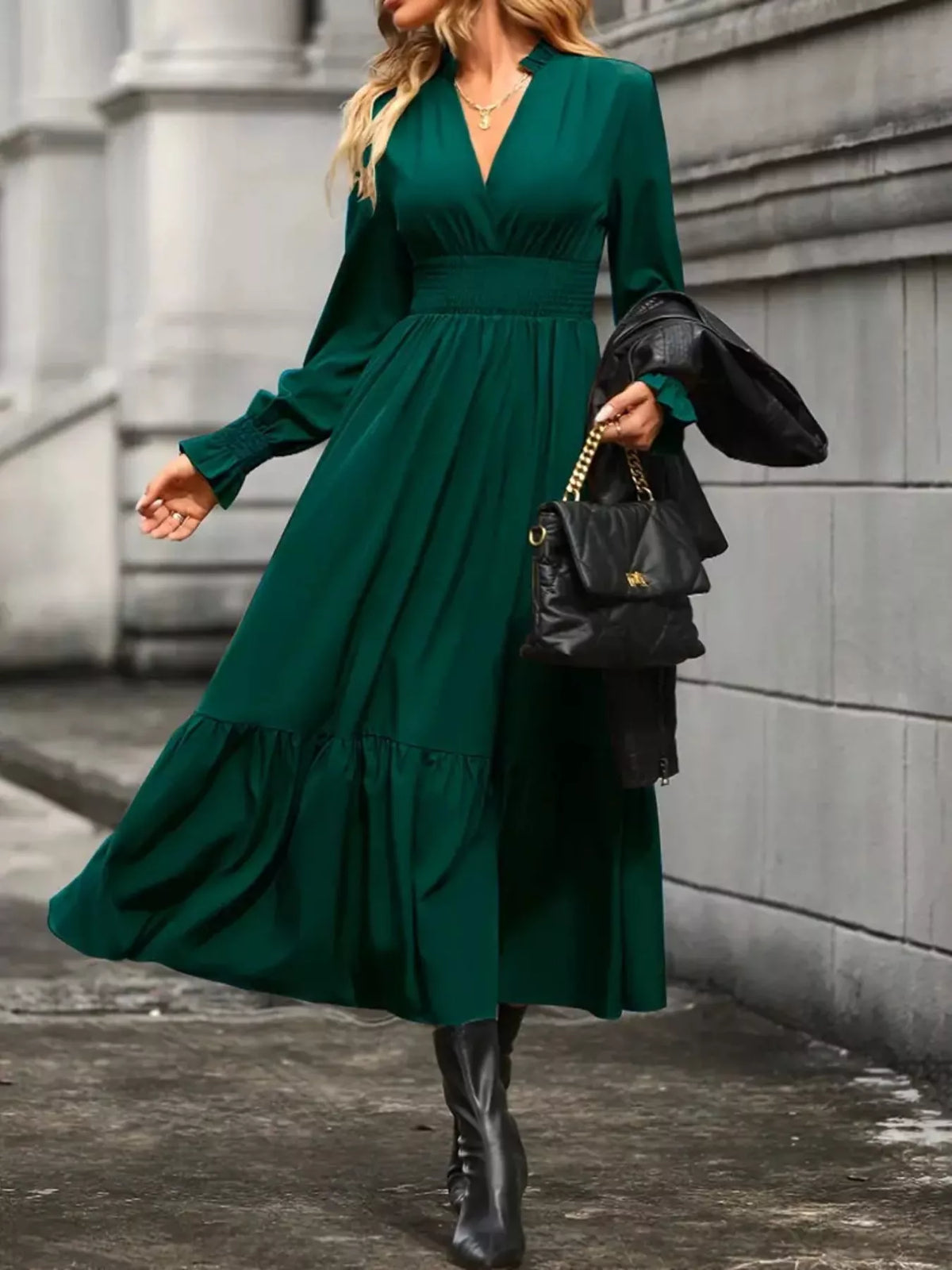 Surplice V-Neck Smocked Waist Balloon Sleeve Tiered Midi Dress 6