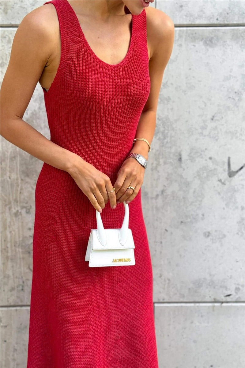 Solid Color Street Style Sleeveless Maxi Knit Graceful Summer Sweater Dress