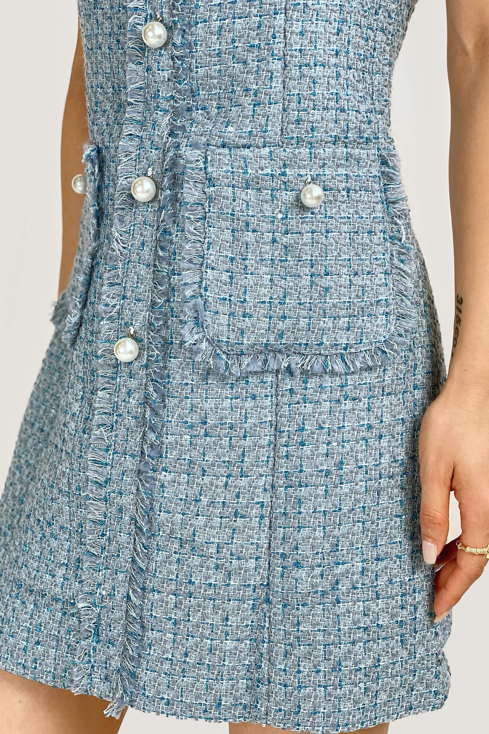 Pearl Collar Raw Fringe Trim Tweed Sleeveless Mini Dress