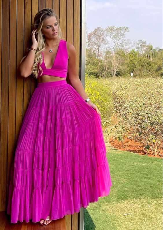 Hot Pink Two Piece Prom Dress,  Evening Dress      fg2634