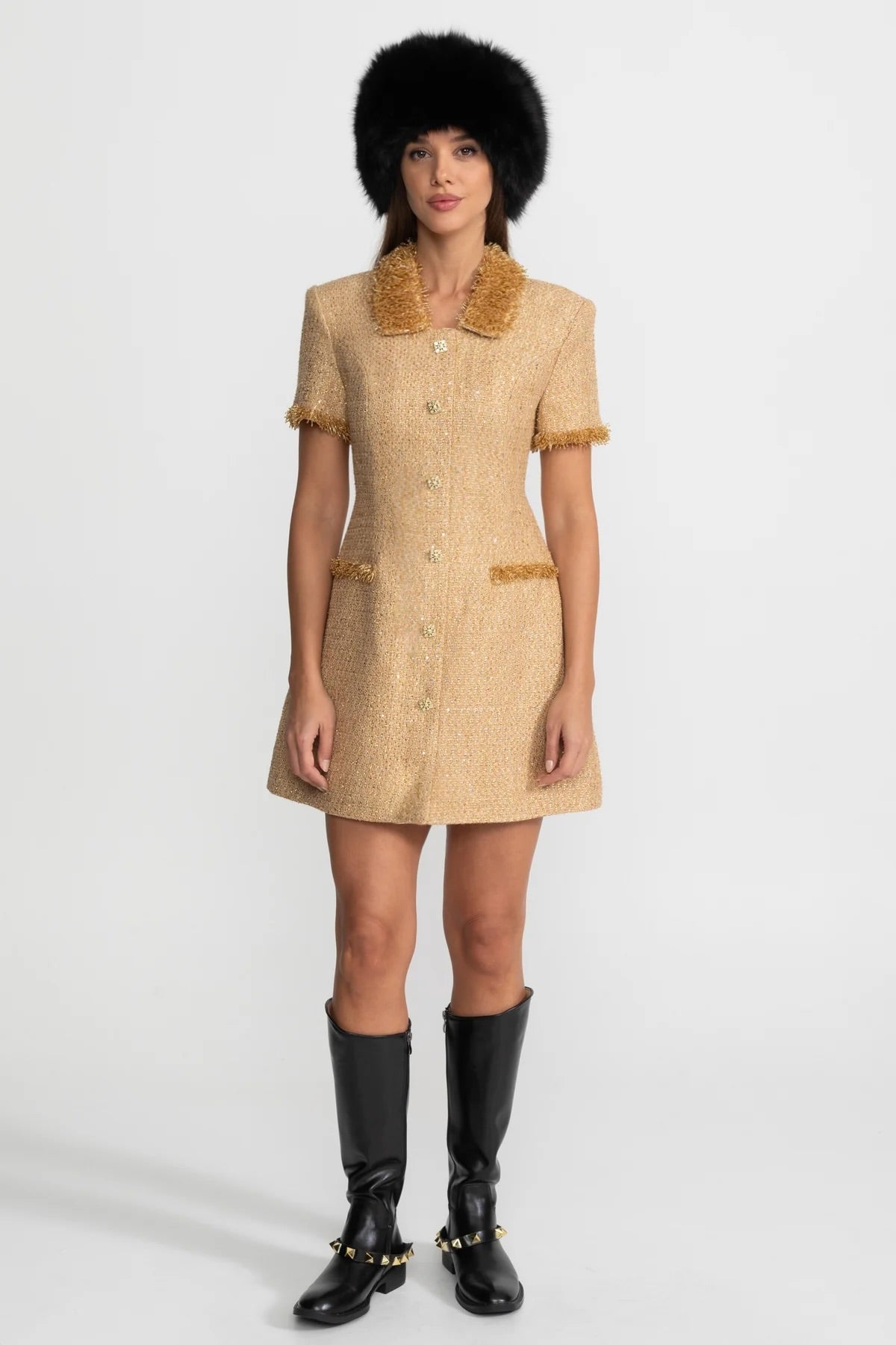 Tweed Short Sleeve Point Collar Metallic Fringe Trim Button Mini Dress - View 2