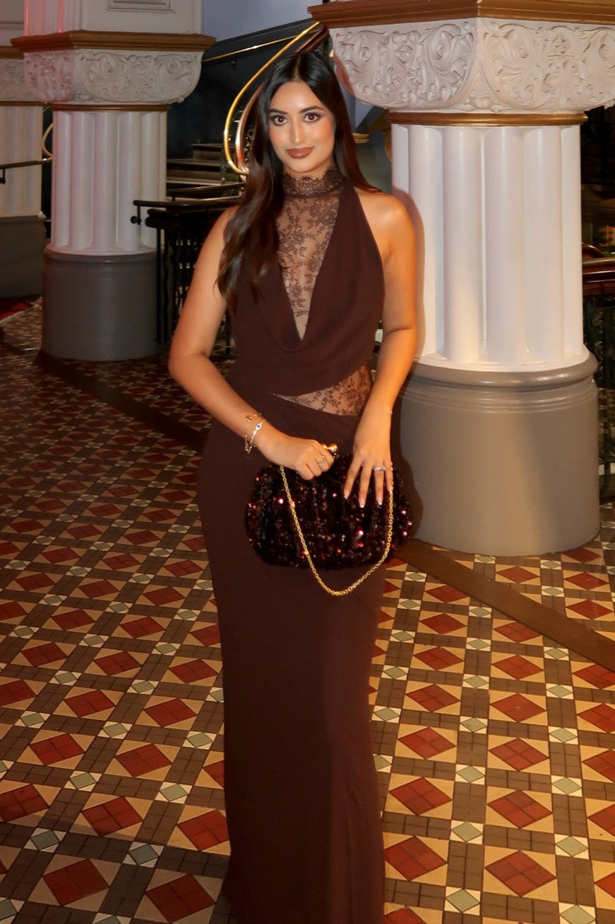 Halter Neck Lace Cut Out Backless Bias Cut Maxi Dress