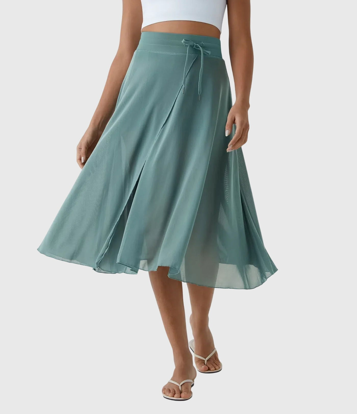High Waist Drawstring Front Slit A-Line Midi Skirt