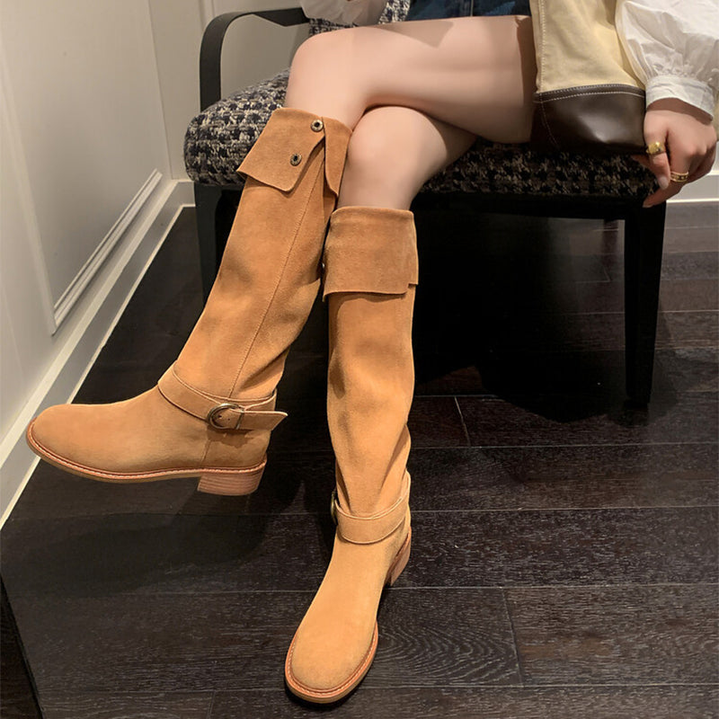 Womens Suede Leather Knee High Boots 75mm Block Heel In Black/Apricot