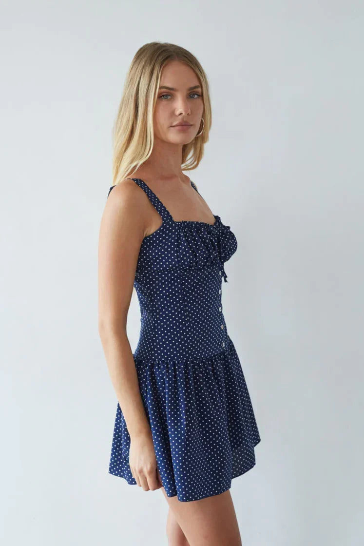 Polka Dot Ruched Bust Button Front Drop Waist Mini Dress 2