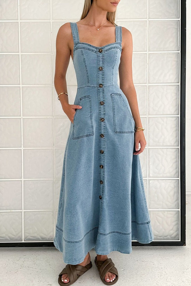 Strappy Edition Backless Maxi Denim Dress