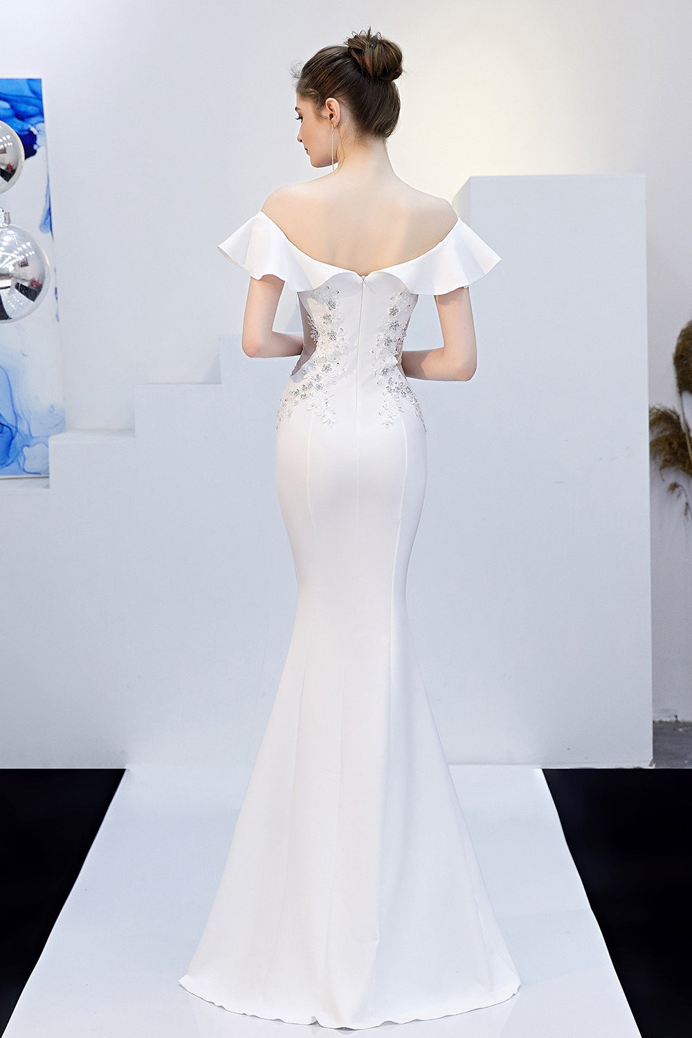 Off Shoulder Ruffle Beaded Mermaid Formal Gown