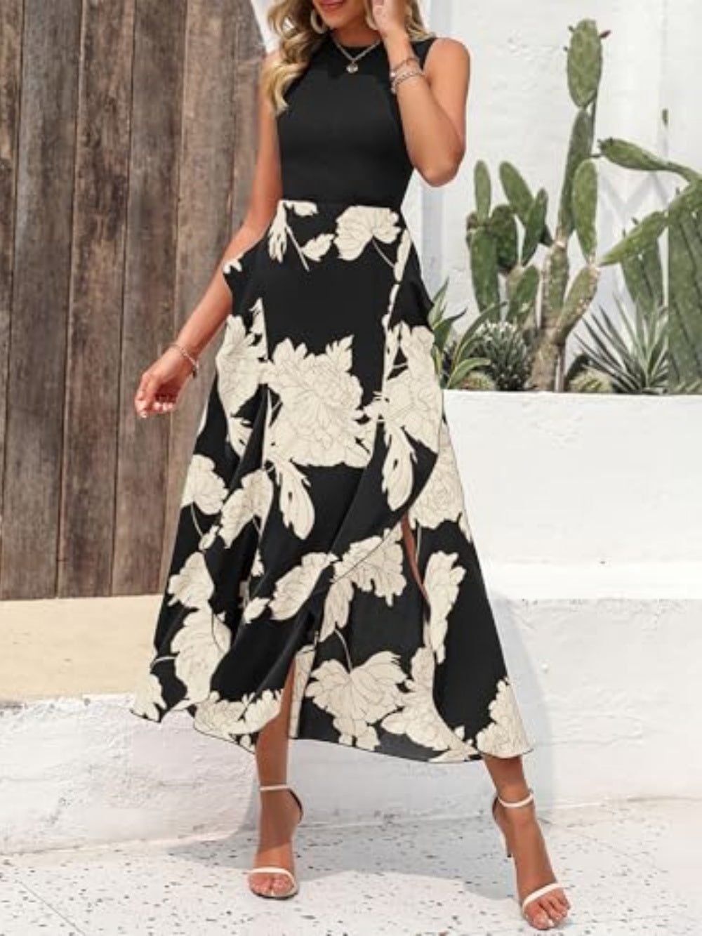 Elegant printed sleeveless midi dress Black